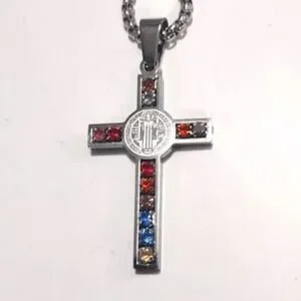 Silver Catholic Cross Necklace Jesus Gemstone Christian Christmas Birthday Gift